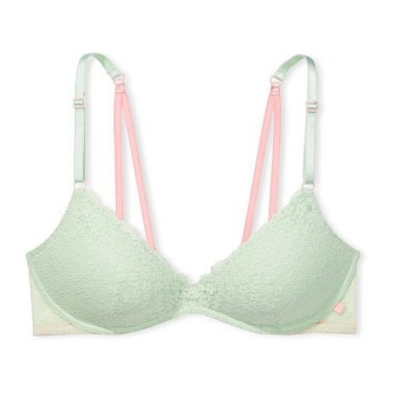Sexy tee wireless lace push up Victoria's secret bra 34 DDD NEW green pink light - Picture 2 of 3